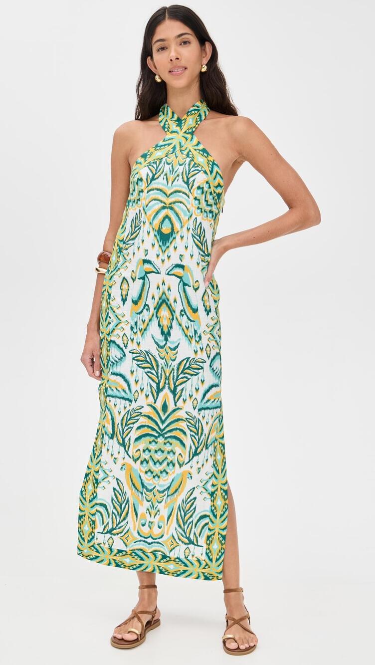 Farm Rio Tropical Tapestry Halter Linen Maxi Dress XS Green NWT